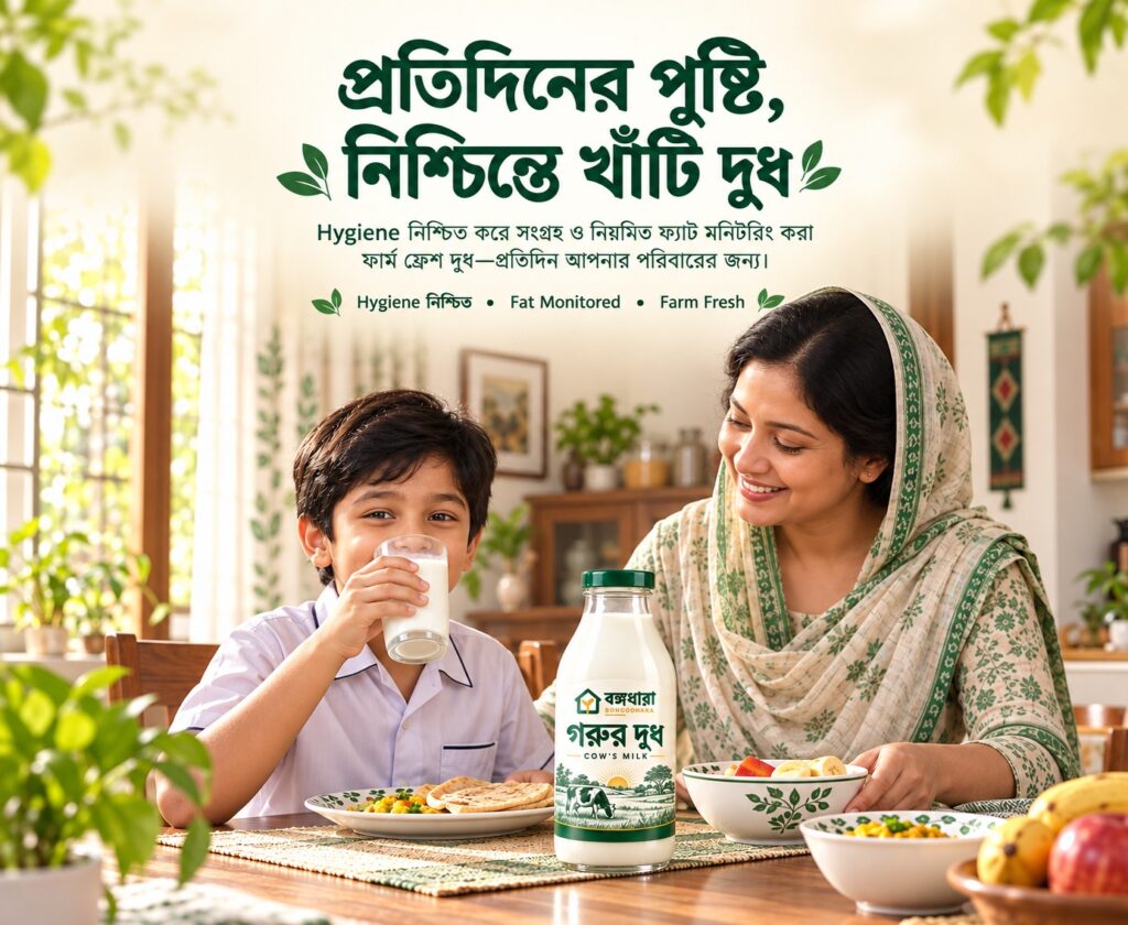 প্রতিদিনের পুষ্টি, নিশ্চিন্তে খাঁটি দুধ। Hygiene নিশ্চিত করে সংগ্রহ ও নিয়মিত ফ্যাট মনিটরিং করা ফার্ম ফ্রেশ দুধ—প্রতিদিন আপনার পরিবারের জন্য। Hygiene নিশ্চিত, Fat Monitored, Farm Fresh।