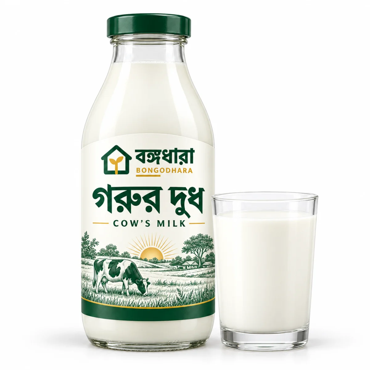 বঙ্গধারার দুধের বোতল ও এক গ্লাস দুধ