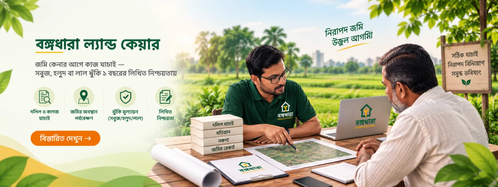 বঙ্গধারা ল্যান্ড কেয়ার — জমি কেনার আগে কাজ যাচাই, সবুজ, হলুদ বা লাল ঝুঁকি ১ বছরের লিখিত নিশ্চয়তায়